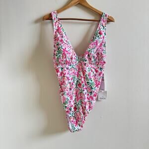 NEW Cece One piece Swimsuit Women's 14 Floral Pink Romantic Rouching Feminine